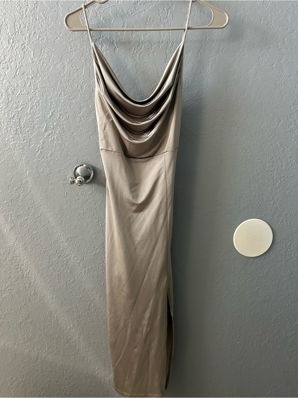 Sleek Taupe Cowl Neck Slip Dress